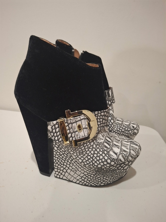 Christian Siriano Shoes - Christian Siriano Black Suede and Silver Croc-Embossed Platform Ankle Boots